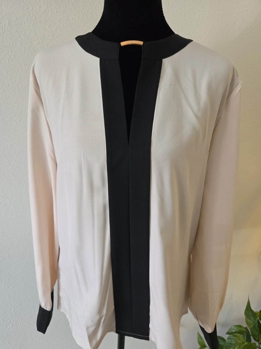 Contrast-Trim Long Sleeve Blouse in Cream and Black - Picture 2 of 5